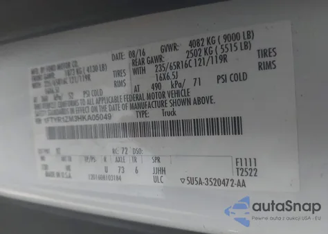 2017 Ford Transit-250 z USA, uszkodzony, nr VIN 1FTYR1ZM3HKA05049